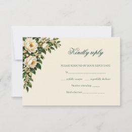 Ivory Roses & Emerald Winter Wedding RSVP Card