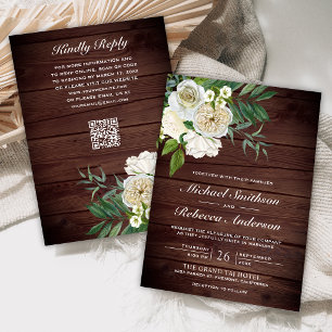 Ivory Roses Floral Barn Wood QR Code Wedding Invitation