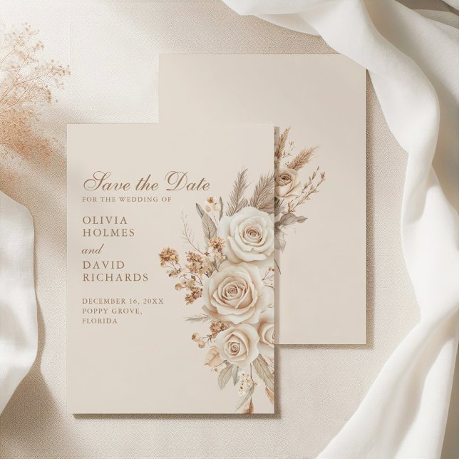 Ivory Roses Neutral Save the Date (Boho Beige Dried Flowers and Roses Wedding Save The Date on an elegant silky tablecloth)