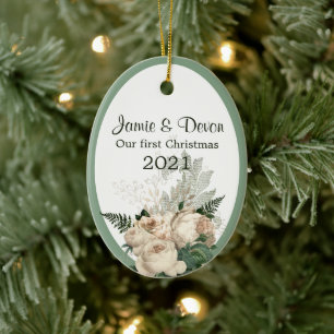 Ivory Roses Newly Weds First Christmas Ceramic Ornament