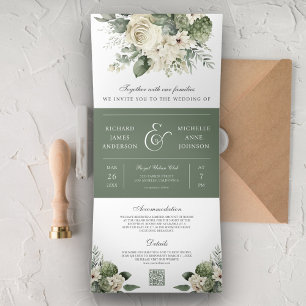Ivory Roses Sage Green Floral QR Code Wedding Tri-Fold Invitation
