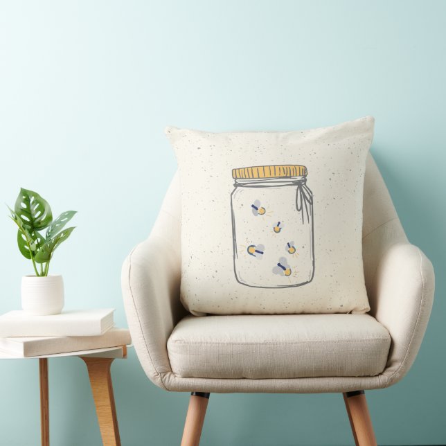 Ivory Rough Sketch Fireflies in Mason Jar Cushion (Chair)