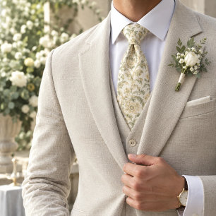 Ivory Sage Butter Yellow Floral Damask Tie