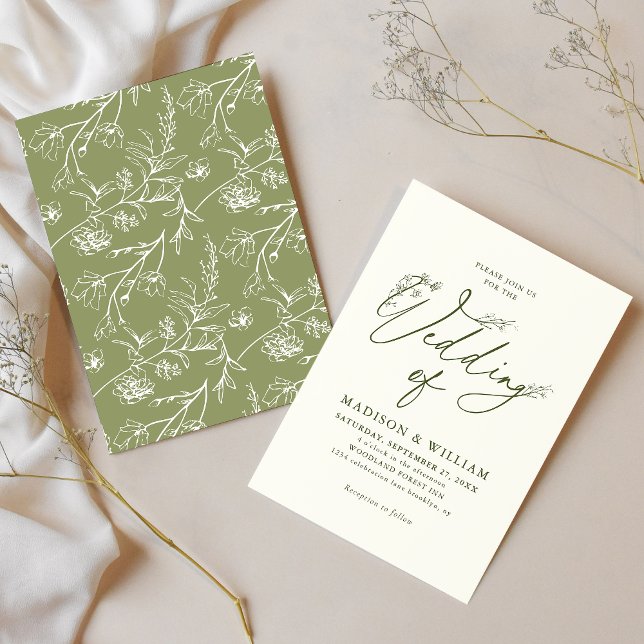 Ivory Sage Green Delicate Line Art Floral Wedding Invitation (Creator Uploaded)
