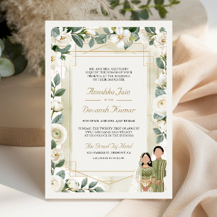 Ivory Sage Green Floral Indian Couple Wedding Invitation