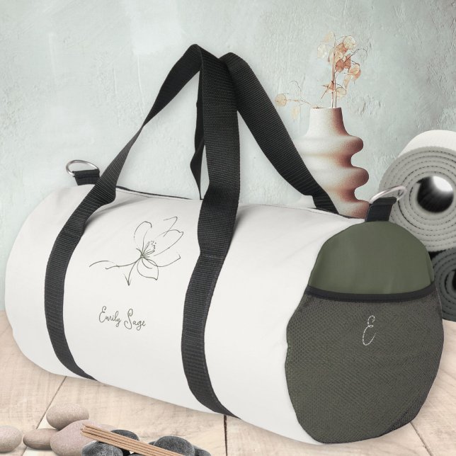 Ivory Sage Green Floral Line Art Minimalist Zen Duffle Bag (Minimalist Floral Line Art Zen Ivory Sage Green Duffle Bag ©Susanne Sachers - Sunny Wanderlust 🌞✈️)