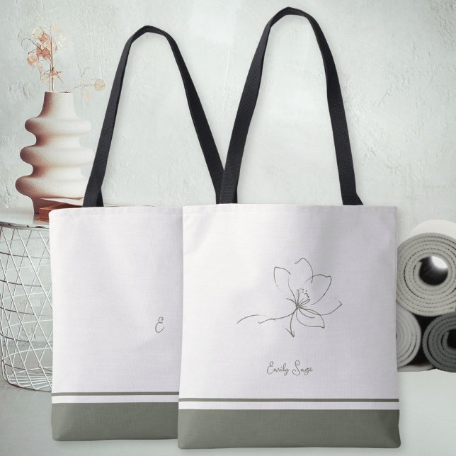 Ivory Sage Green Floral Line Art Minimalist Zen Tote Bag (Minimalist Floral Line Art Zen Ivory Sage Green Tote Bag ©Susanne Sachers - Sunny Wanderlust 🌞✈️)