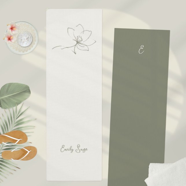Ivory Sage Green Floral Line Art Minimalist Zen Yoga Mat (Minimalist Floral Line Art Zen Ivory Sage Green Yoga Mat ©Susanne Sachers - Sunny Wanderlust 🌞✈️)