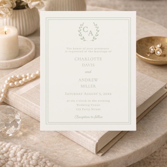 Ivory sage green monogram wedding invitation (Creator Uploaded)