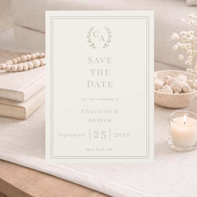 Ivory sage green monogram wreath wedding save the date (Creator Uploaded)