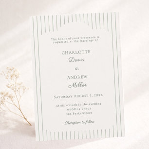 Ivory Sage Green Pinstriped elegant Wedding  Invitation