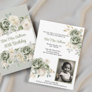 Ivory Sage green Roses Floral 80th birthday Photo Invitation