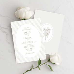 Ivory & Sand Stripe Botanical Oval Wedding Invitation
