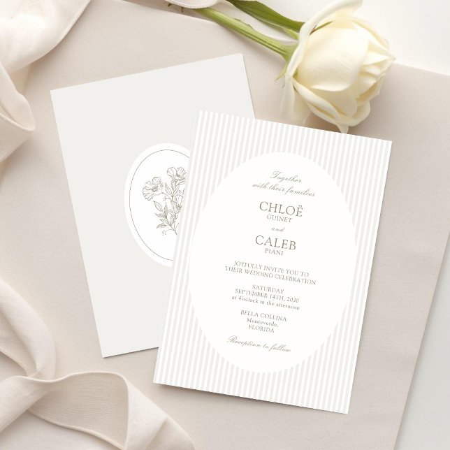 Ivory & Sand | Stripe Botanical Oval Wedding Invitation (Creator Uploaded)