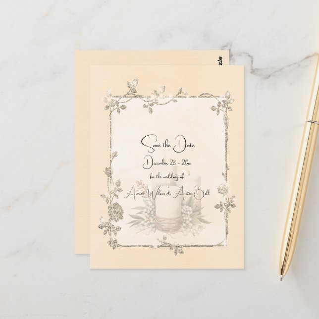 Ivory Shiny Elegant Sparkly Save the Date Postcard (Front/Back In Situ)