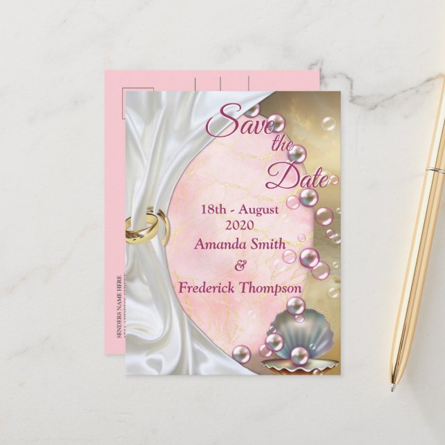 Ivory Silk, Gold Lace & Pearls and Marble Announcement Postcard (Front/Back In Situ)