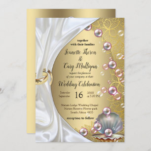 Ivory Silk, Gold Lace & Pearls and Marble Invitation