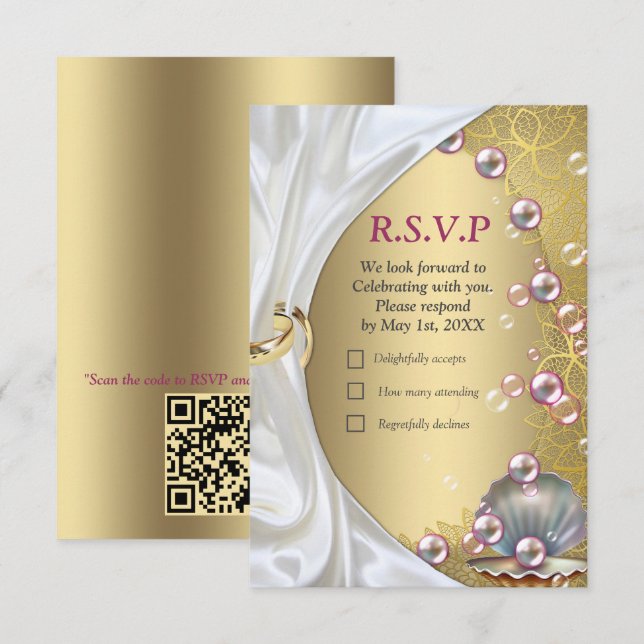 Ivory Silk, Gold Lace & Pearls and Marble RSVP Card (Front/Back)