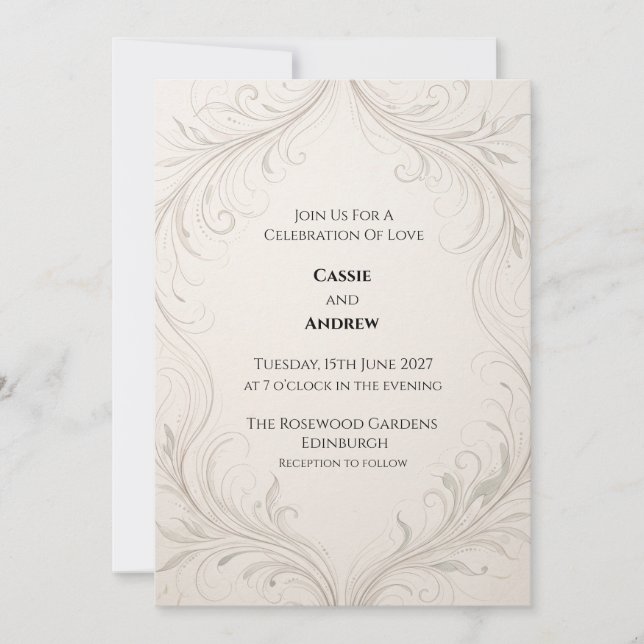 Ivory Silver Ornamental Wedding Invitation (Front)