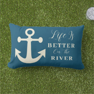 Ivory & Slate Blue Life Is Better On The River Lumbar Cushion