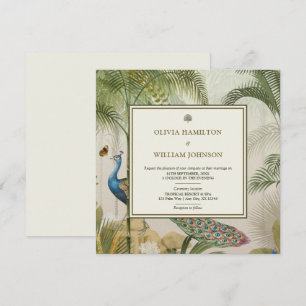 Ivory Square Tropical Peacock Palm Wedding Invitation