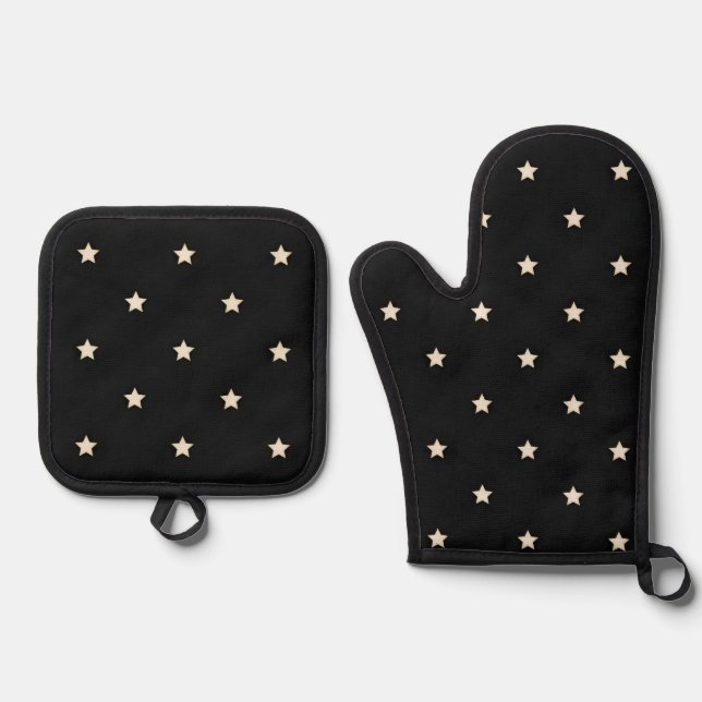 Ivory Stars on Black Oven Mitt & Pot Holder Set (Front)