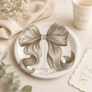 Ivory Striped Bow and Pearl Necklace Paper Plate