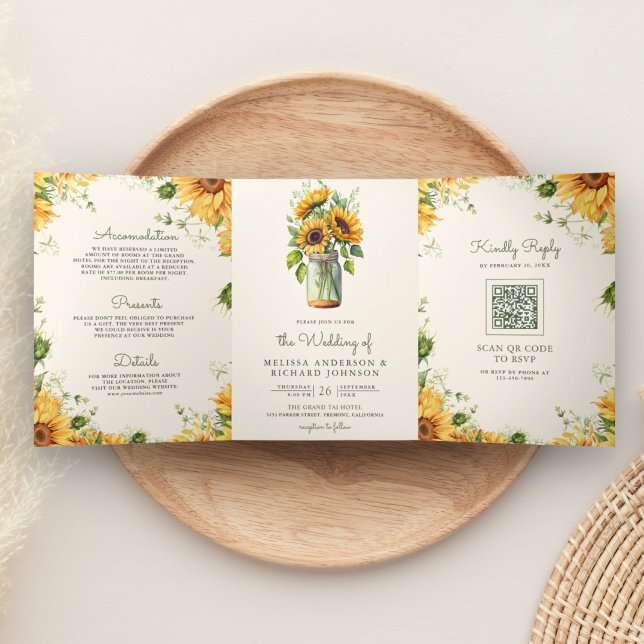 Ivory Sunflowers Mason Jar QR Code Wedding Tri-Fold Invitation (Creator Uploaded)