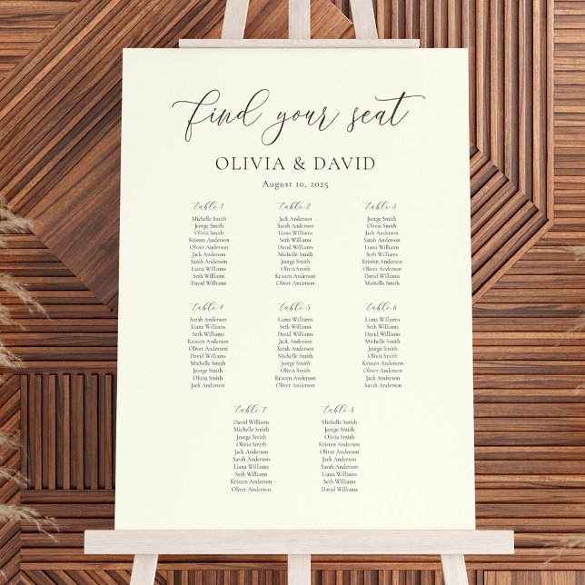 Ivory & Taupe Elegant Script 8 table Seating Chart (Creator Uploaded)