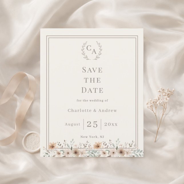 Ivory taupe monogram floral wedding Save the Date (Creator Uploaded)