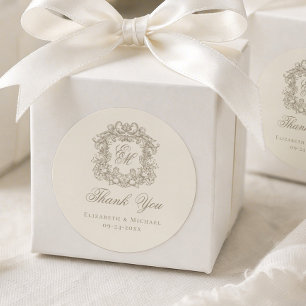 Ivory Taupe Monogram Wedding Crest Thank You Classic Round Sticker
