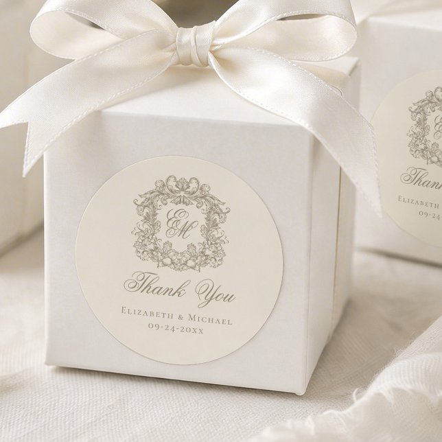 Ivory Taupe Monogram Wedding Crest Thank You Classic Round Sticker (Creator Uploaded)
