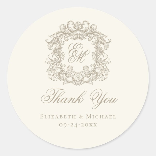 Ivory Taupe Monogram Wedding Crest Thank You Classic Round Sticker (Front)