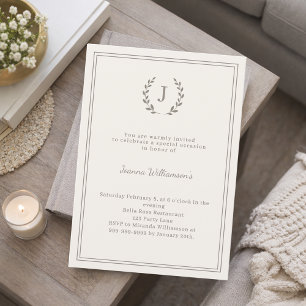 Ivory taupe monogram wreath milestone age-neutral invitation