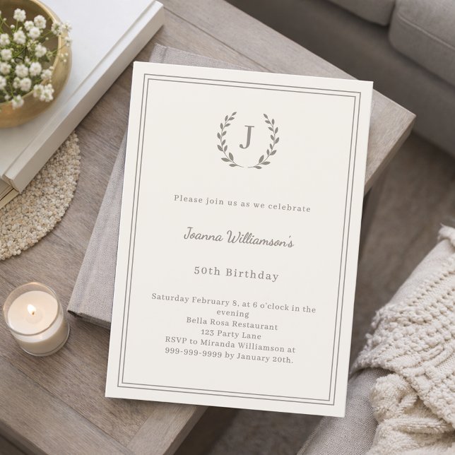 Ivory taupe monogram wreath minimalist invitation (Creator Uploaded)