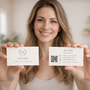 Ivory taupe monogram wreath modern minimalst QR Business Card