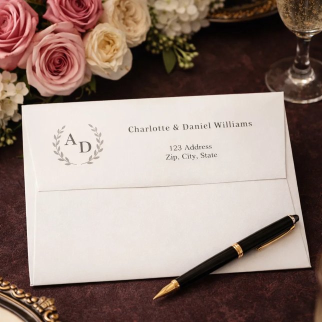 Ivory taupe monogram wreath return address envelope (Creator Uploaded)
