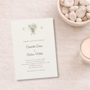 Ivory taupe monogrammed floral green wedding invitation