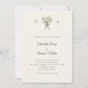 Ivory taupe monogrammed floral green wedding  invitation