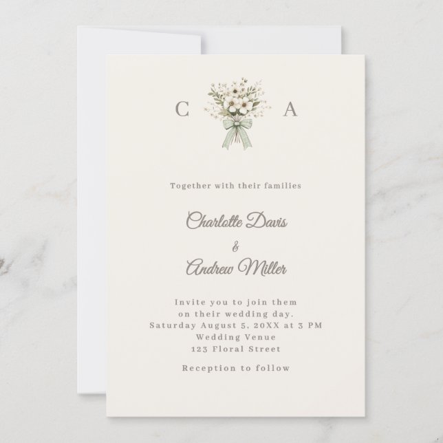 Ivory taupe monogrammed floral green wedding  invitation (Front)