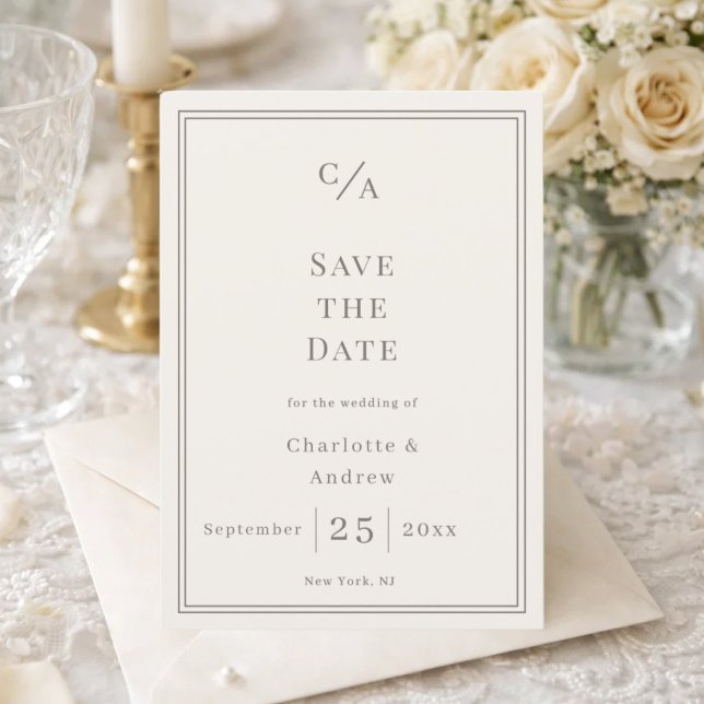 Ivory taupe monogrammed luxury wedding save the date (Creator Uploaded)