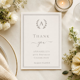Ivory taupe monogrammed minimalist birthday thank you card