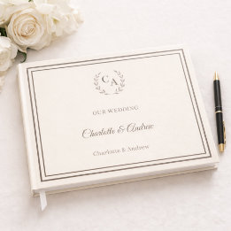Ivory taupe monogrammed wreath wedding guest book