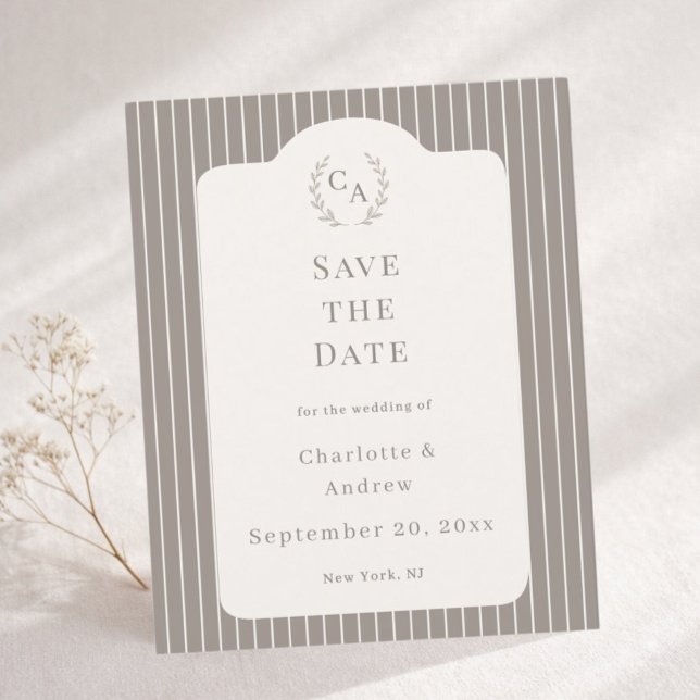 Ivory Taupe Pinstriped Wedding Save the Date Card (Creator Uploaded)