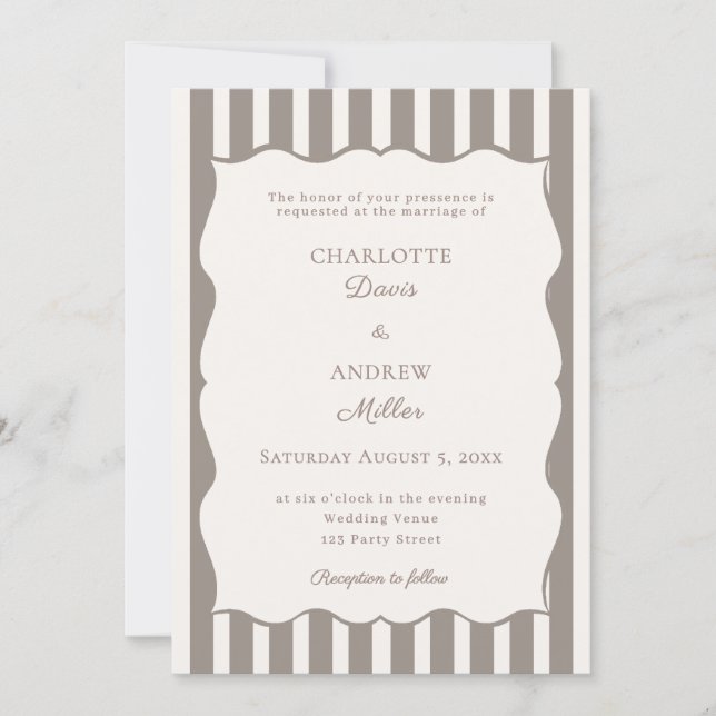 Ivory taupe striped simple wedding invitation (Front)