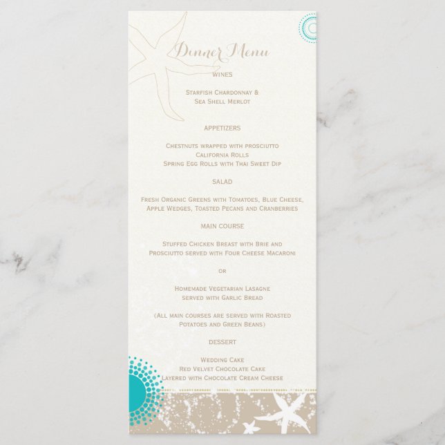 Ivory Taupe Teal Beach Starfish Wedding Menu (Front)