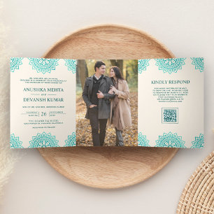 Ivory Teal Mandala Ethnic QR Code Indian Wedding Tri-Fold Invitation