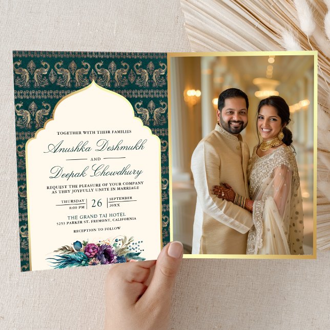 Ivory Teal Peacock Pattern Floral Indian Wedding Invitation (Creator Uploaded)