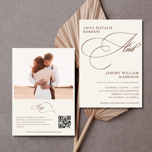Ivory Terracotta Fall Photo Script QR Code Wedding Invitation (Creator Uploaded)