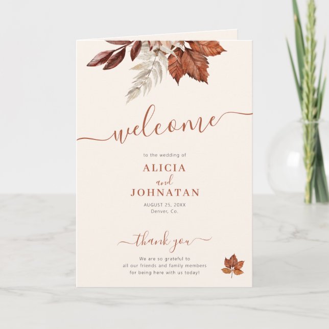 Ivory terracotta rust leaves autumn fall wedding program (Front)